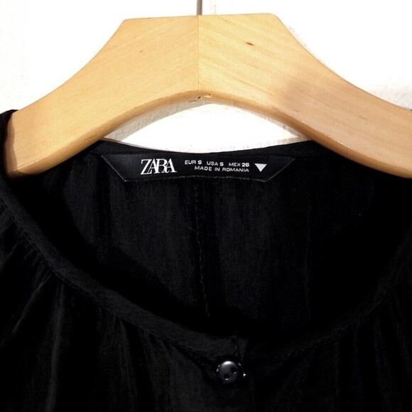NEW Zara Tiered Button Front Babydoll Mini with Lantern Sleeves in Black Small - Picture 3 of 12